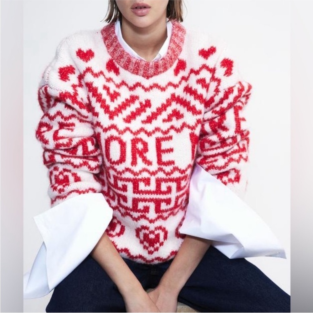 H&M Jacquard-knit Sweater Red White Amore Hearts Size XL Blogger FAVE